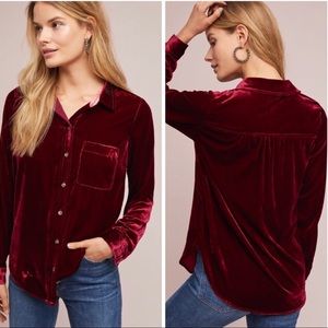 Anthropologie Velvet Button-Down Shirt in Wine Red